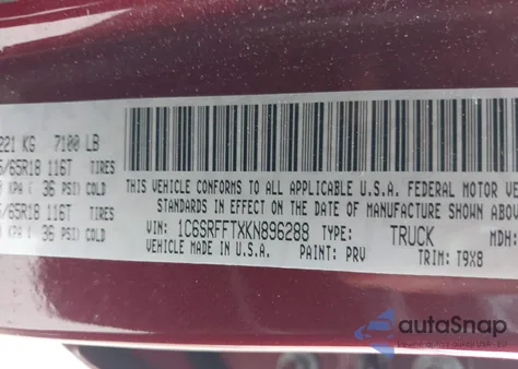 2019 Ram 1500 Big Horn/Lone Star 4X4 5'7 Box z USA, uszkodzony, nr VIN 1C6SRFFTXKN896288